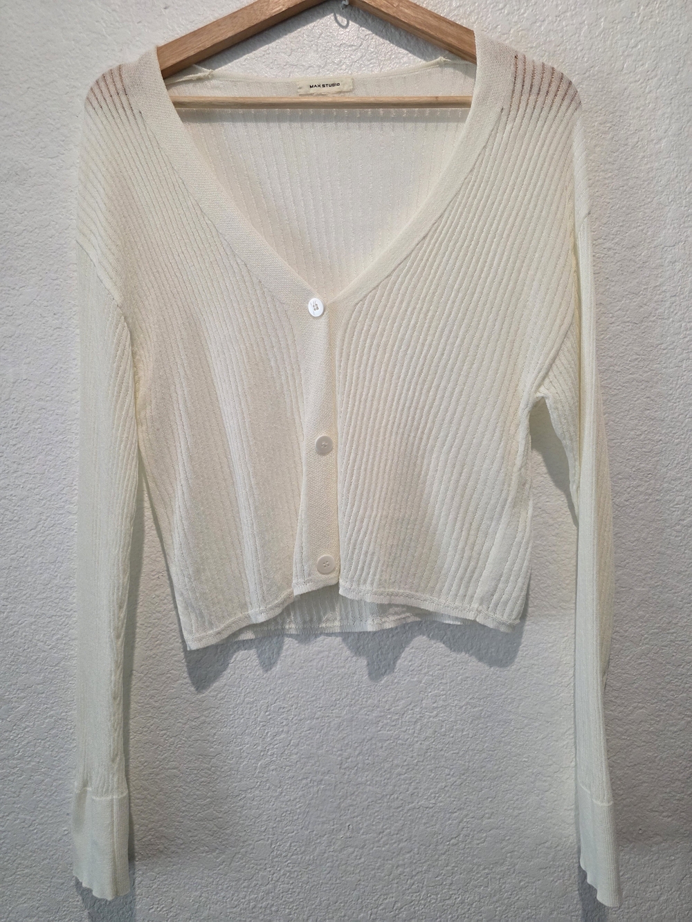 Max Studio Cream V-Neck Ribbed Button-Front Sweater - Picture 5 of 11